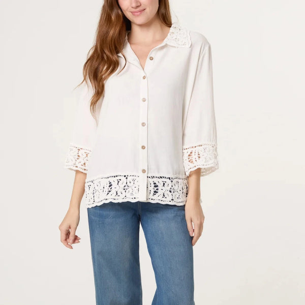 CROCHET COLLAR LINEN BLEND SHIRT WHITE