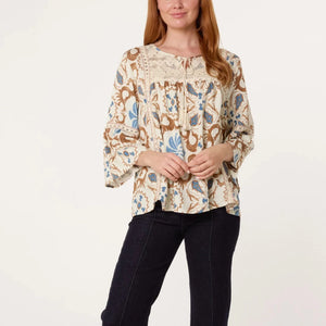 TRIBAL DAMASK TOP IN BLUE & TAUPE