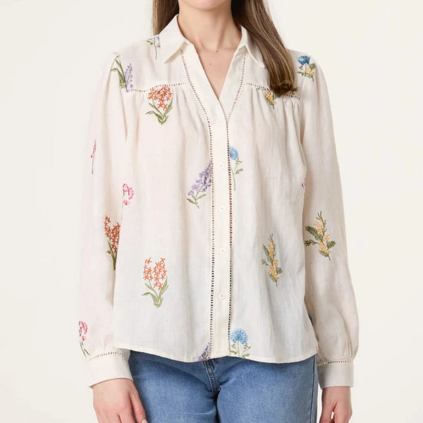 EMBROIDERY FLOWERS LINEN MIX SHIRT