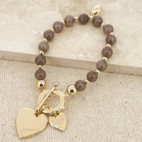 ENVY GOLD & TAUPE T-BAR HEART CHARM BRACELET