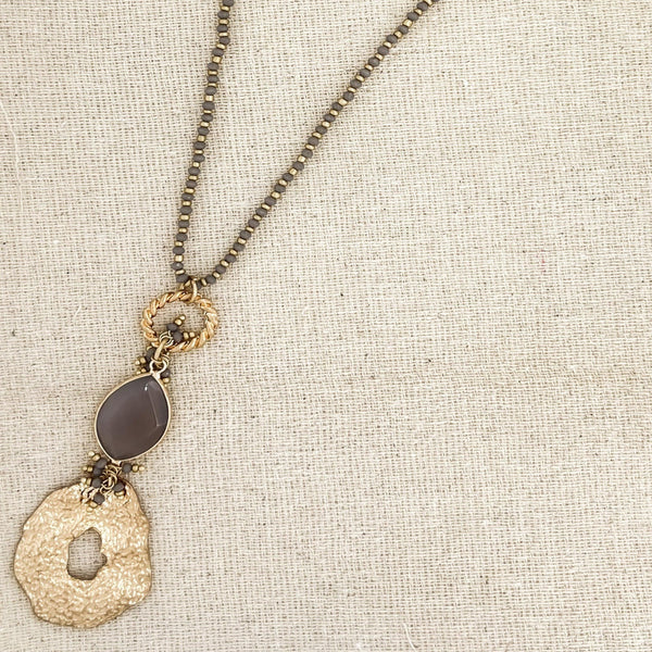 ENVY GOLD DISC & GREY BEAD NECKLACE