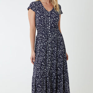 BUTTON FRONT FLORAL PRINT DRESS IN NAVY