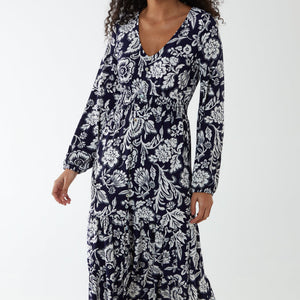 BUTTON FRONT NAVY WHITE FLORAL DRESS