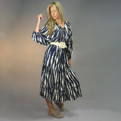D.E.C.K BY DECOLLAGE BALLOON SLEEVE MIDI DRESS NAVY