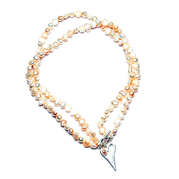 FRESH WATER PEARL TWIN STRAND OPEN HEART NECKLACE CREAM