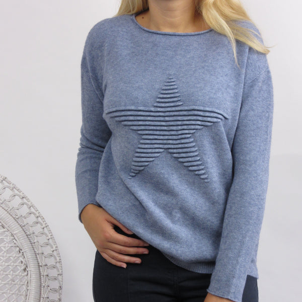 SUPER SOFT STAR KNITTED JUMPER IN DENIM BLUE
