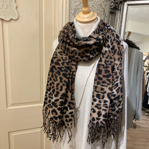 COTTON AND CASHMERE ANIMAL TASSEL SCARF IN TAN