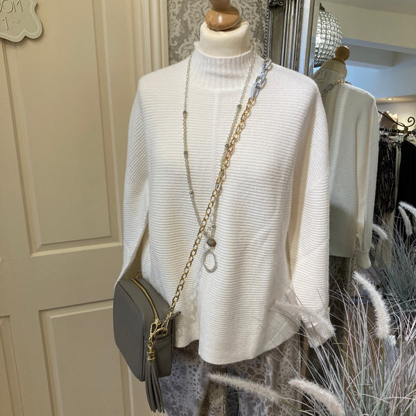 CASHMERE FEEL SOFT RIBBED POLO SWEATER IN CREAM