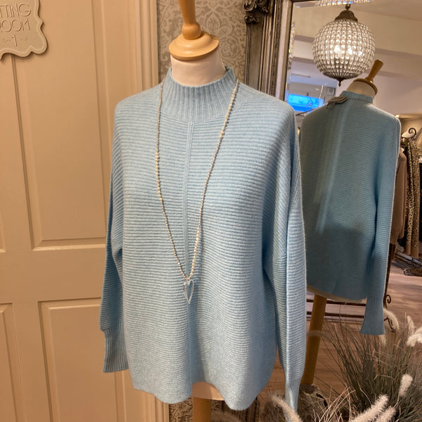 CASHMERE FEEL SOFT RIBBED POLO SWEATER IN CELESTINO BLUE