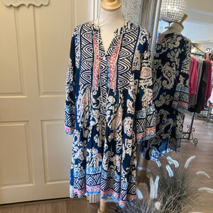 PINK & NAVY PATTERNED SMOCK DRESS