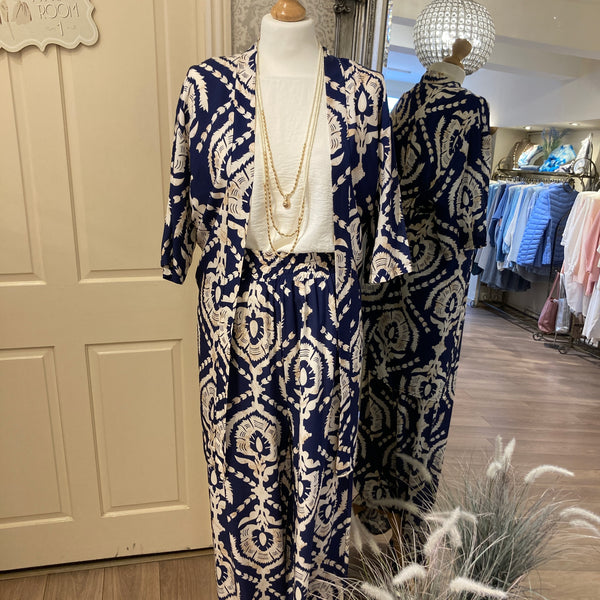 DREAMS NAVY BOROQUE PRINT WIDE LEG TROUSERS