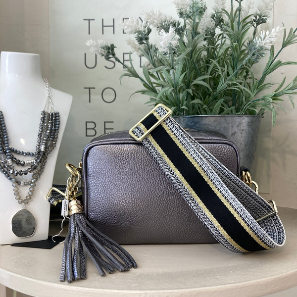 ELIE BEAUMONT PEWTER CROSSBODY WITH METALLIC STRAP