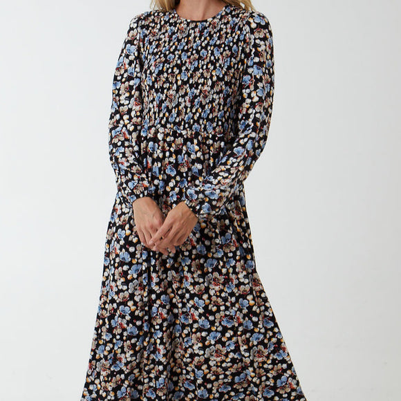 SHIRRED FRONT DITSY FLORAL MIDI DRESS