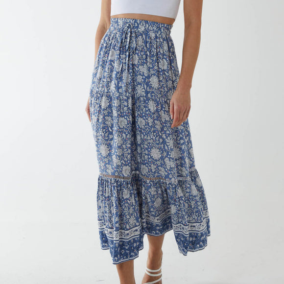 LACE INSERT BLUE & WHITE FLORAL PRINT SKIRT