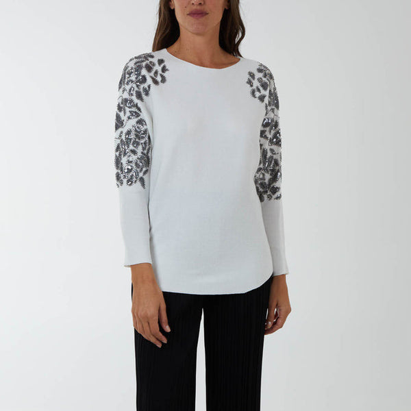 EMBELLISHED SHOULDER RIBBED KNIT CREAM