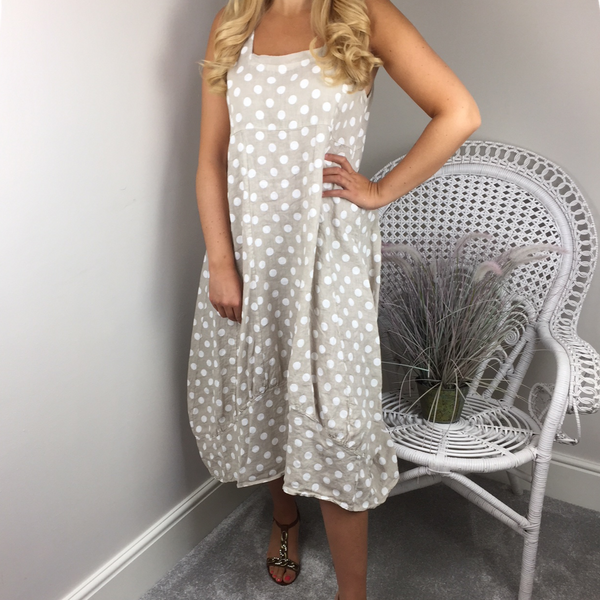 SPOTTY LINEN MIDI DRESS IN STONE