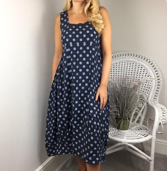 SPOTTY LINEN MIDI DRESS IN NAVY